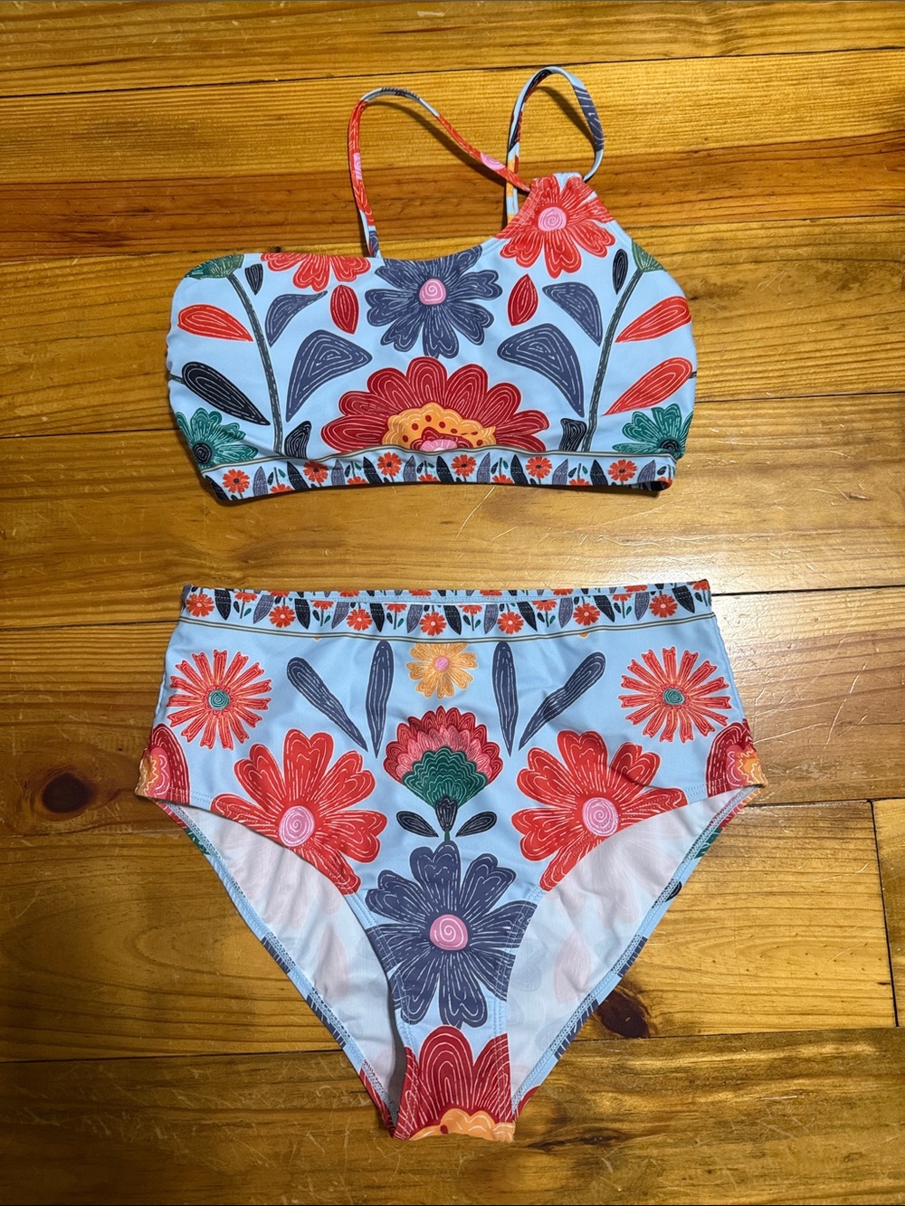 SHEIN Light Blue Floral High-Waist Bikini Set